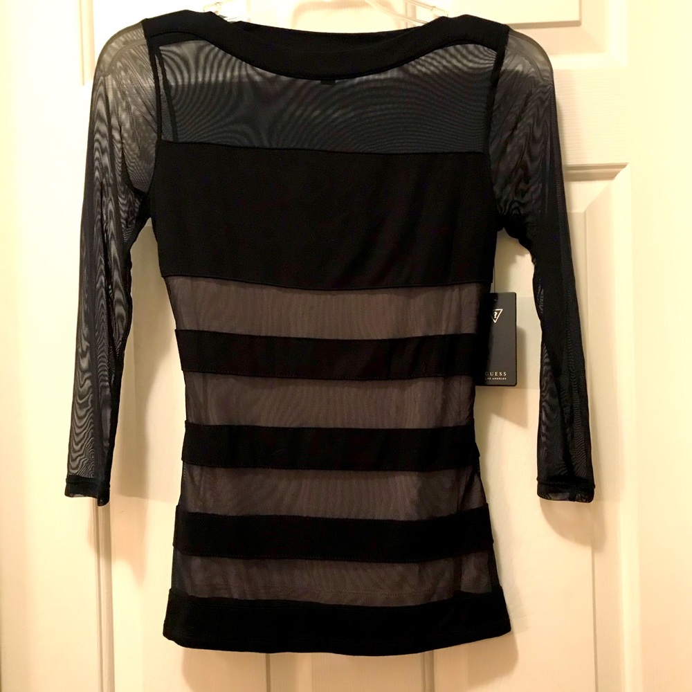 GUESS 3/4 Sleeve Mesh Insert Holiday Party Top (Jet Black)
